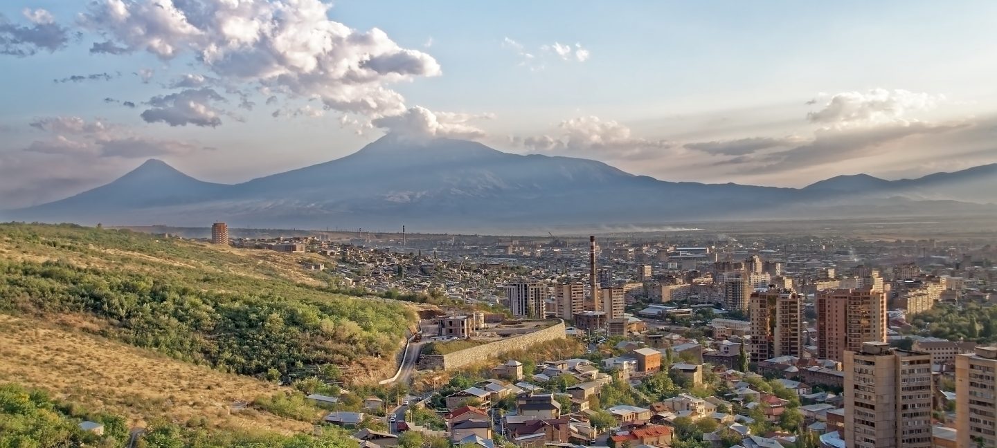 Bird eye view of Yerevan with mountains in the distance