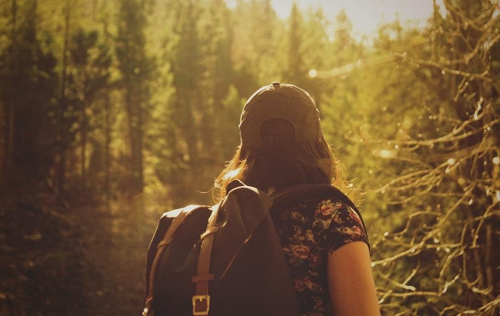 Image of a solo female hiker looking at forest in the distance
