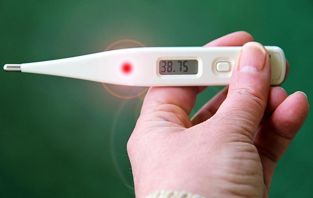 Person holding a thermometer with 38.7 degrees Celsius on it